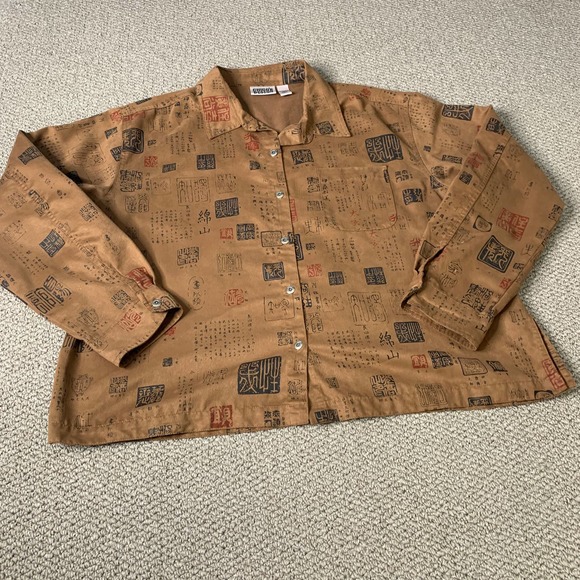 Chico's Womens Blouse Shirt Size 3‎ Brown Japanese Character Print Button Up - Picture 1 of 10